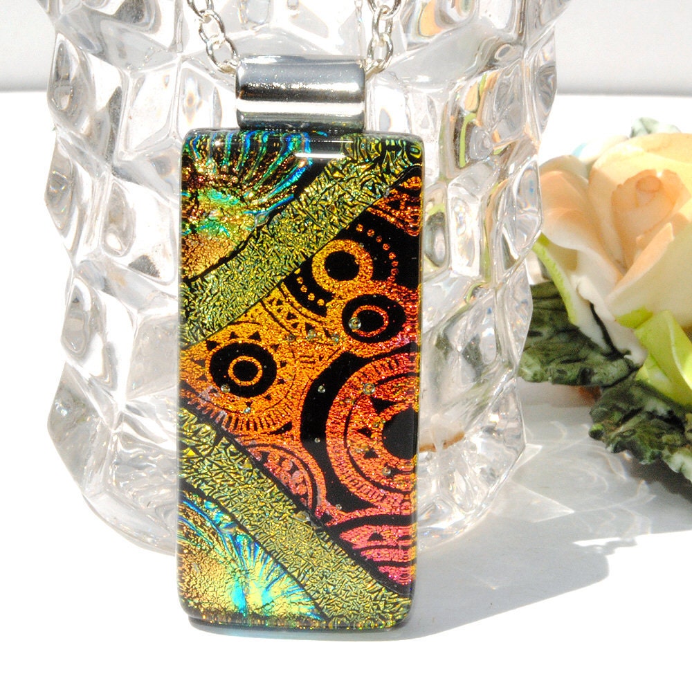Bohemian, Fused Glass Jewelry, Dichroic Pendant, Unique, Circles, Gold Orange Red Gold Green Black (Item 10461-P)