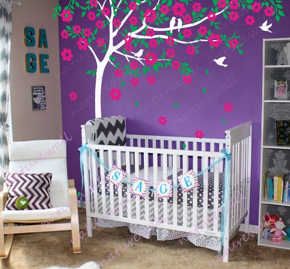 Cherry blossom wall decals tree decals baby nursery kids room decor nature girl wall decor wall art- Trailing Cherry Blossom Tree with birds