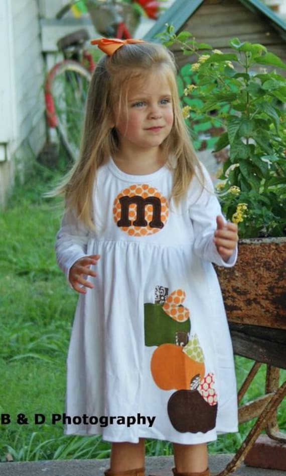 Pumpkin Applique Dress - Personalized Dress with Three Pumpkin Appliques - You Choose Dress Color and Sleeve Length