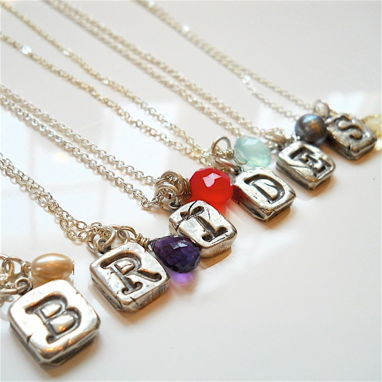 Bridesmaids Gift Set, Custom Silver Initial Necklaces Personalized, Bridal, Birthstone, Gemstone, Eco-friendly Pendants, Pearl, Gifts