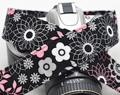 Camera dSLR Strap - Pink and Grey Floral on Black