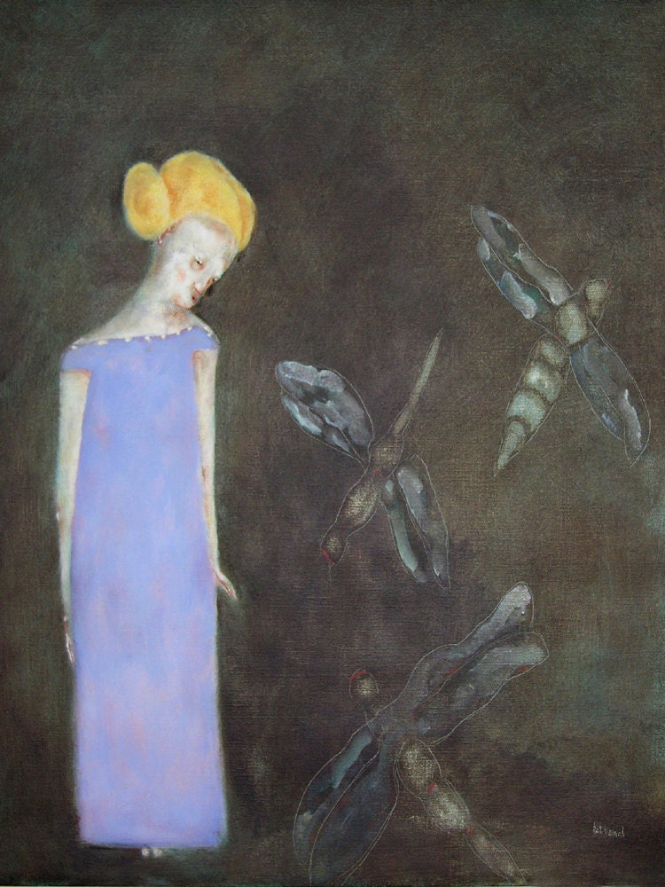 Portrait painting wall art print. woman with dragonflies. lavender. A Fickle Heart