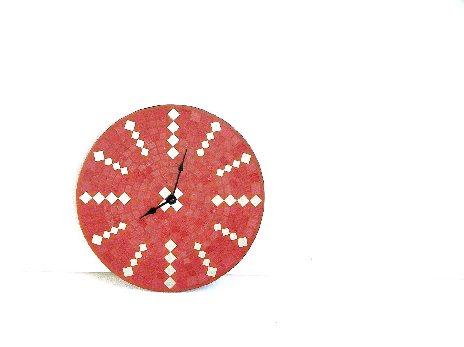 Red wall clock large home decor terracotta modern - SirliMosaic