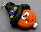 Halloween Witch Hat Pumpkin Polymer Clay Pendant Charm with Sterling Silver Jump Ring - TheDangleDiva