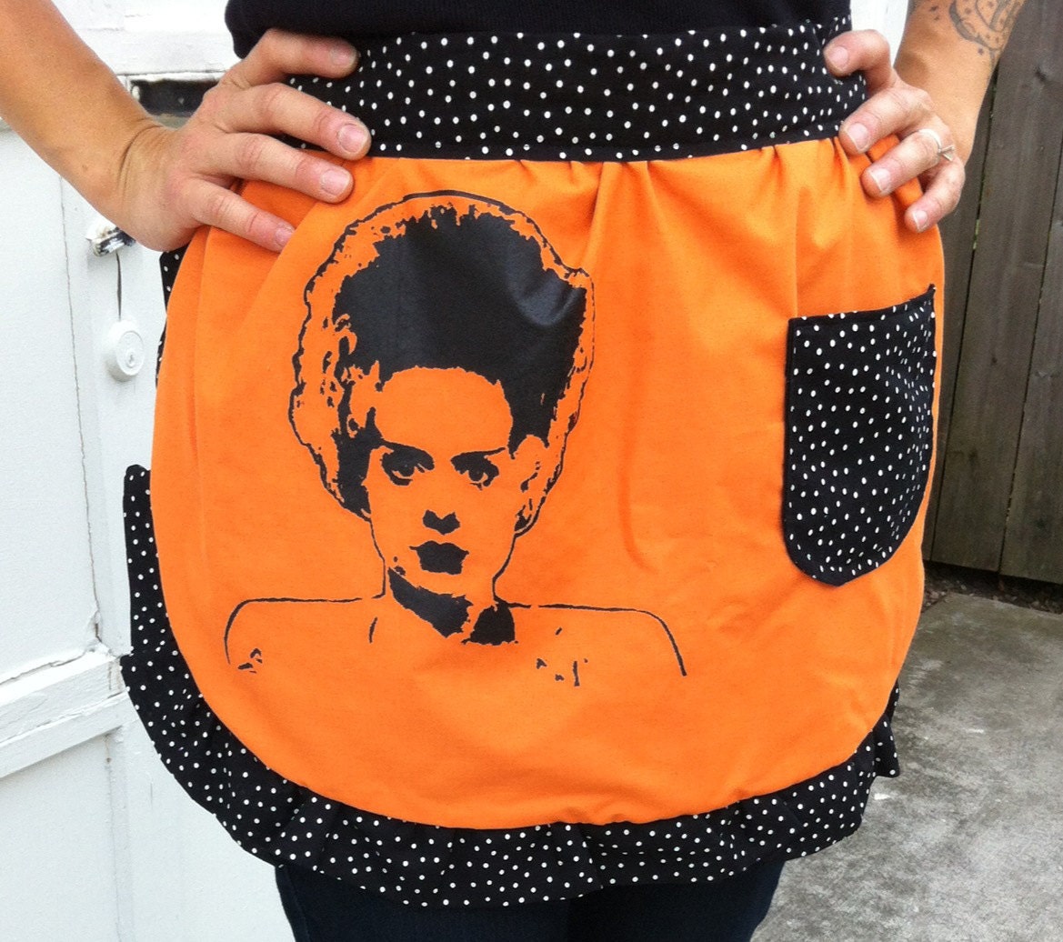 Bride of Frankenstein Retro Half Apron Halloween Hostess Orange Black Polka Dot Horror Movie