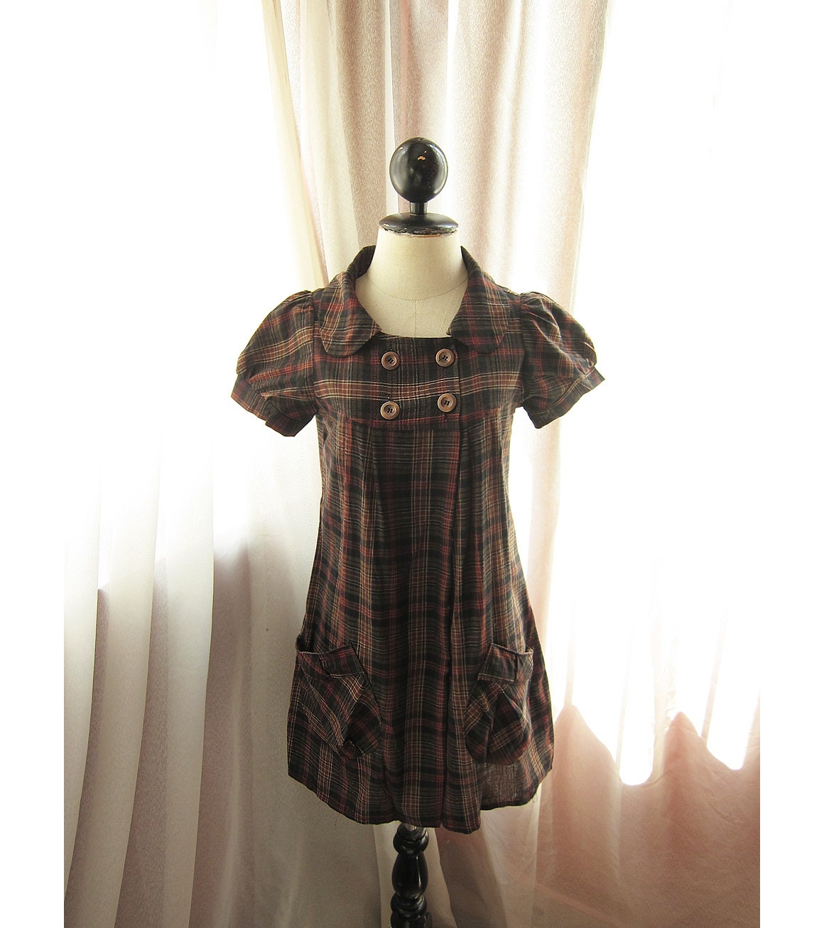 Spring Classic Checkered Plaid Pumpkin Brown Winter Sweet Cottage Romance Holiday Voyage Comfy Pockets Collar Shirt Dress