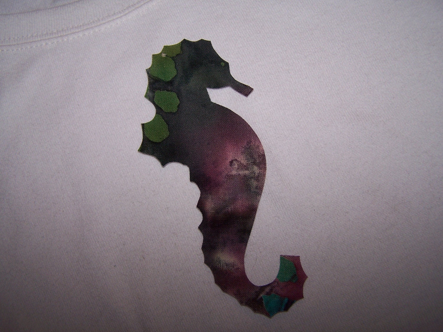 Medium Batik Seahorse in Purple, Green and White Iron on Applique