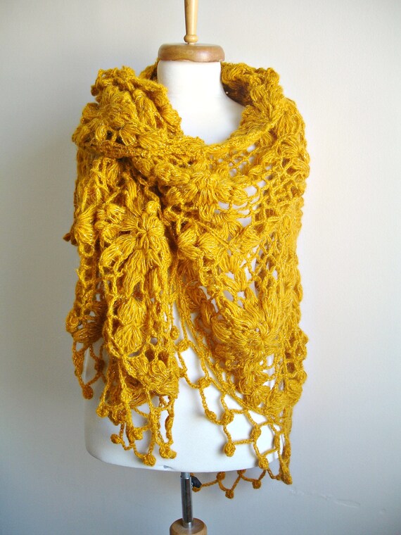 Mustard Shawl,  New Season, Autumn Winter Fashion,  Big Triangle Shawl By Crochetlab, Mohair, Ready To Ship, Gift for Her