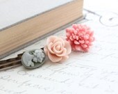 Flower Bobby Pins, Hair Accessories, Floral, Garden, Flowers for Hair, Pale Pink Rose, Coral Pink Chrysanthemum, Set of Three (3)