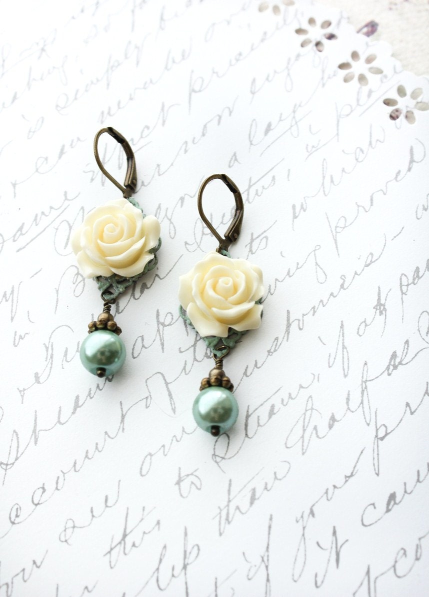 Cream Rose Earrings, Aqua Blue Pearl Drops, Floral Dangle, Leverbak, Something Blue, Bridal Wedding, Flower Jewellery