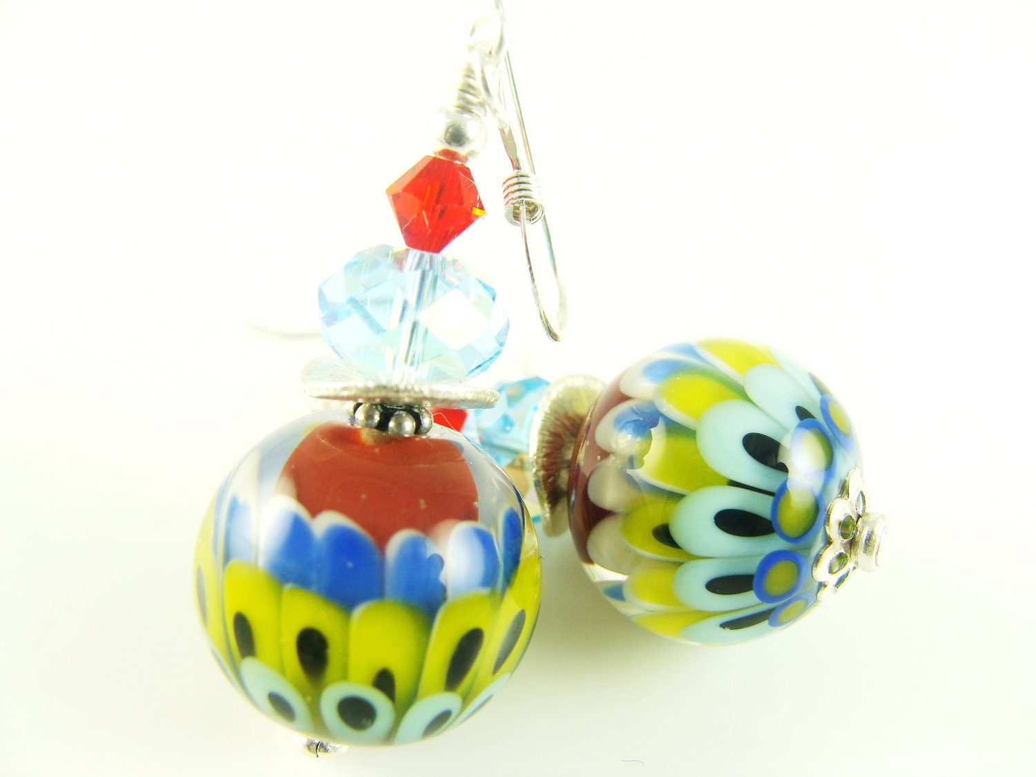 Red Lampwork Earrings, Autism Dangle Earrings, Glass Bead Earrings, Blue Abstract Earrings, Yellow Lampwork Jewelry, Beadwork Earrings