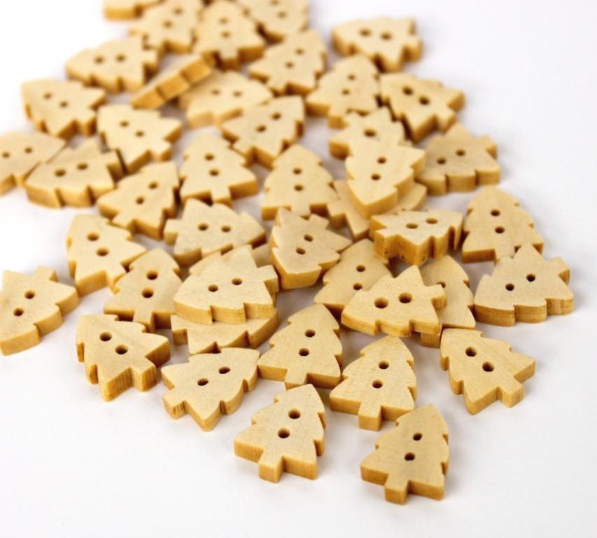 Wooden Tree Buttons. 50 pcs. Beige. Natural wood color. Small. Christmas Xmas tree. Australian seller