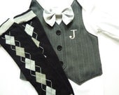 Custom Initial Dark Gray Striped Tuxedo Onesie Vest with Matching Bow Tie and Leg Warmers