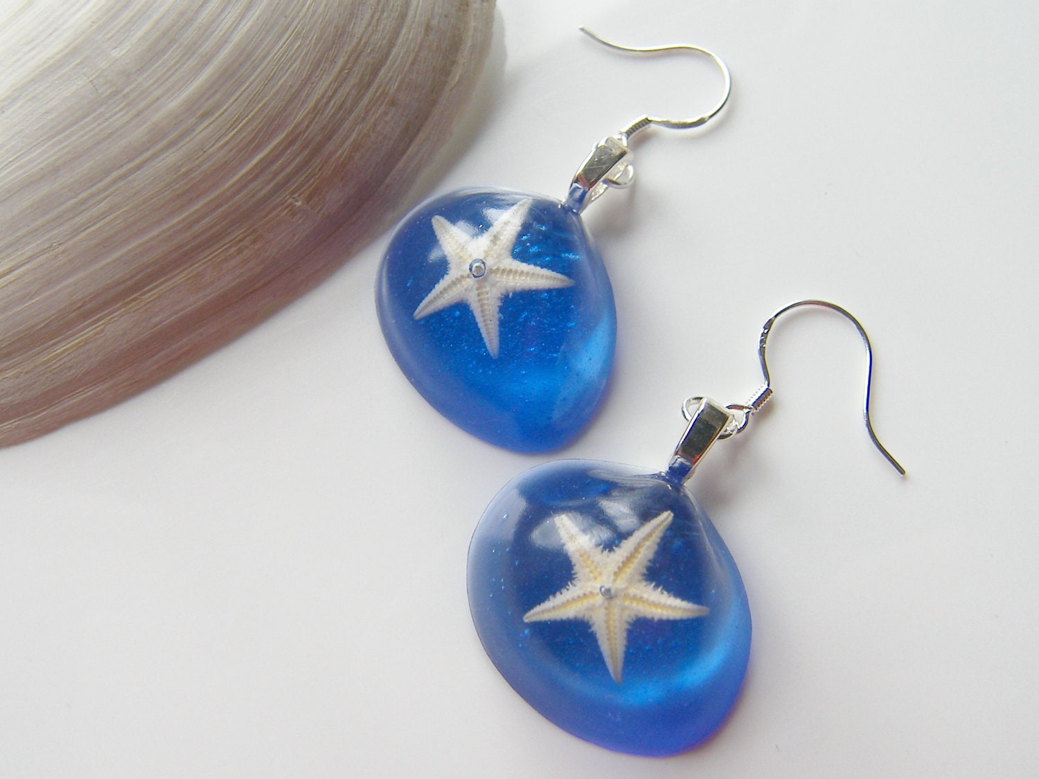 Real Starfish Blue Earrings - Nautical, Beach - STARFISH