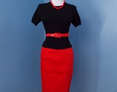 VINTAGE 1960s 1970s 1980s  Red Cotton Straight Fitted Pencil Skirt