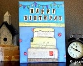Original Art Painting: 9x12 Happy Birthday Cake, Original Mixed Media Art, Whimsical Art, Folk art, cake art, blue, yellow