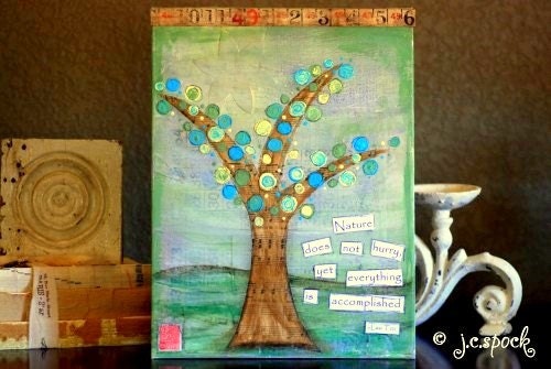 Original Art Painting: 9x12 Nature does not Hurry Tree, Original Mixed Media Art, Tree Art, Folk Art, Inspirational Art, green, blue, brown