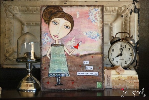Original Art Painting: 9x12 Unconditional Girl, Original Mixed Media Art, Whimsical Art, Folk art, acrylic painting, folk art painting