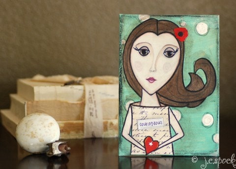 Original Art Painting: Courageous Poppy Girl - 5x7 Original Mixed Media Art, Whimsical Art, Girl Art, Folk Art, Inspirational Art