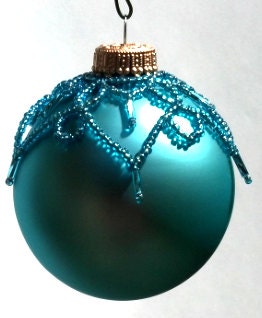 Hand Beaded Christmas Ornament Cap - Bright Blue Glass Ornament - Bright Blue Seed Beads