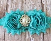 Baby Headband, baby girl headband,newborn,Shabby Chic Baby Headband in Jade Green,Flower Headband,Baby Bows.
