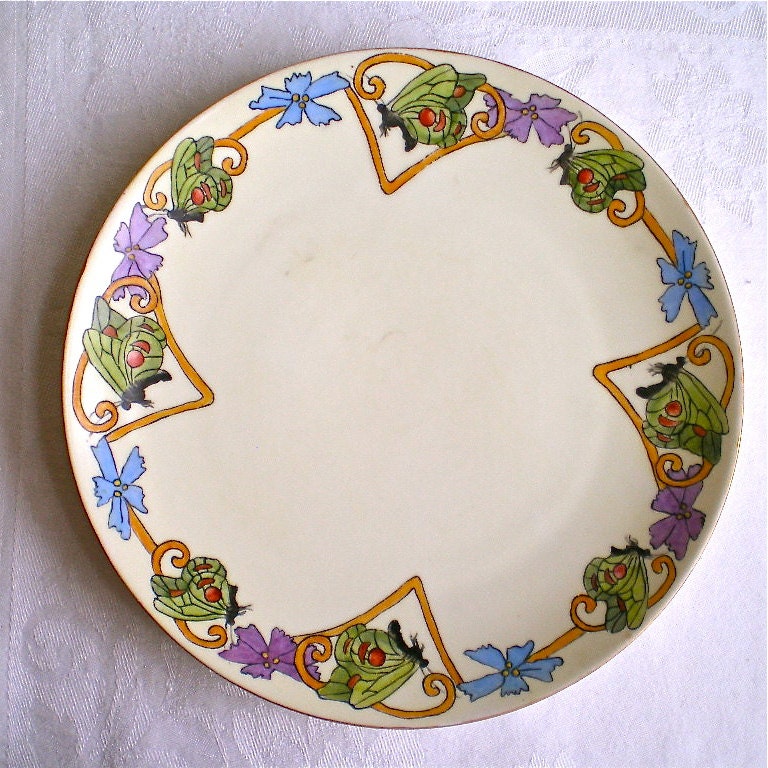 Butterflies, Flowers, Vintage Plate, Spring, Summer, Farmhouse, Home Decor, Hand painted, 1910's