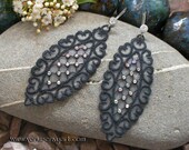 Black Lace Earrings - Large Embroidered Tulle Hearts with Swarovski Crystal AB & CZ - Venice Lace Jewelry