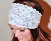 Lace Headband Lace Ivory Cream Hair band Peach Headwrap Stretch Lace Turban  Headcovering  Vintage Wide Headband Wedding Gift under 25