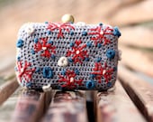 Clutch - crocheted  in grey and embroidered in funny colors - MADE TO ORDER