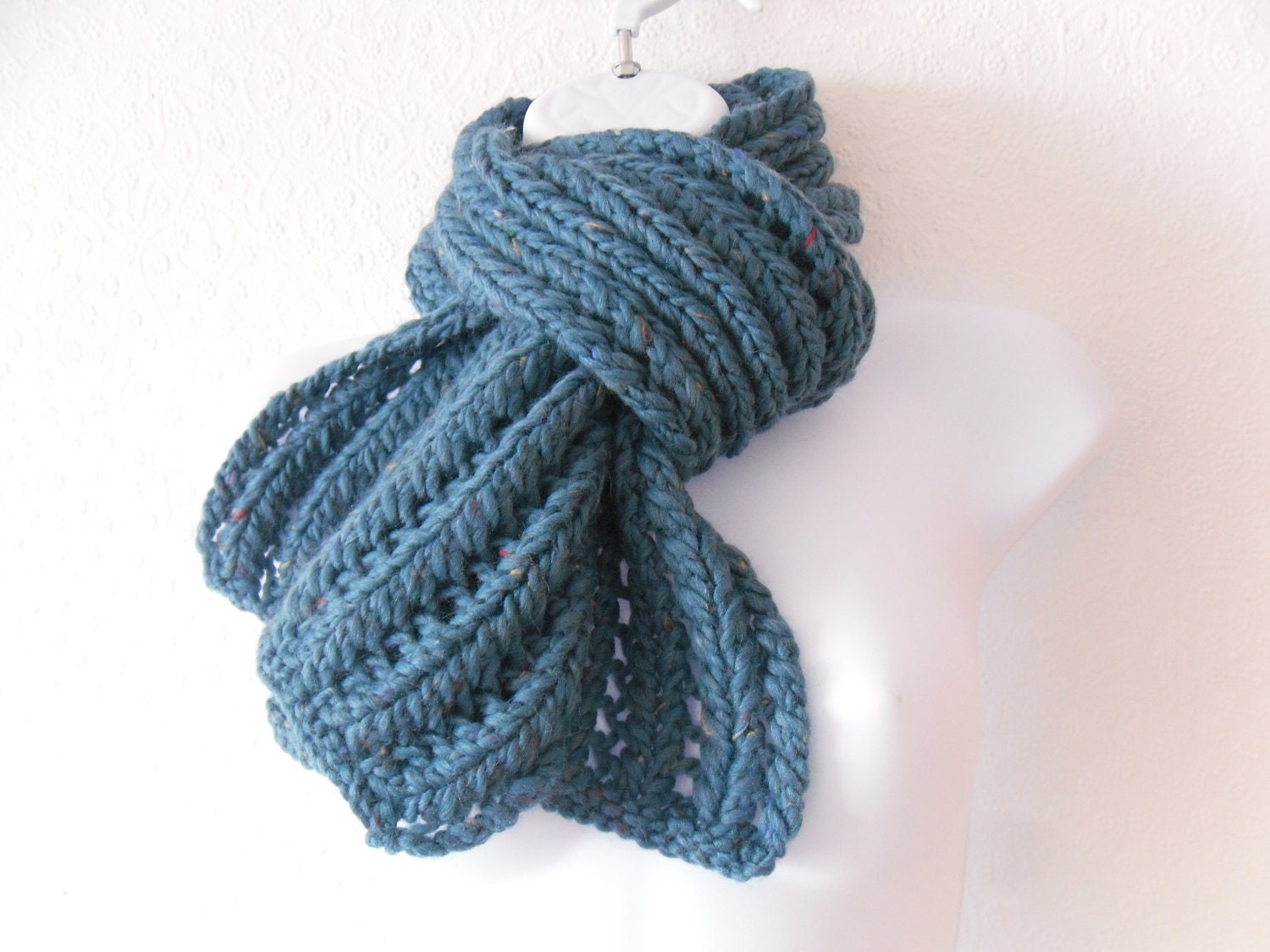 Chunky hand knitted womens scarf Turquoise 80% wool tweed flecks 5' 8" long 7" wide - TheFeminineTouch