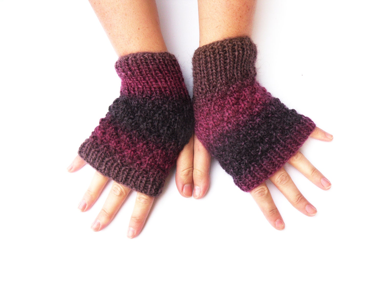 Purple Handwarmers hand knitted in chunky textual pattern , aubergine womens fingerless gloves / mitts