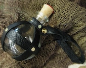 Pirate/Steampunk Glass Round Bottle, Flask, Black Leather-Wrapped