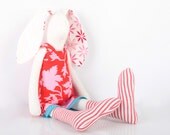 Stuffed bunny rabbit hare,child friendly toy - plush White rabbit doll in red dress with pink flowers, Striped Stockings - timohandmade