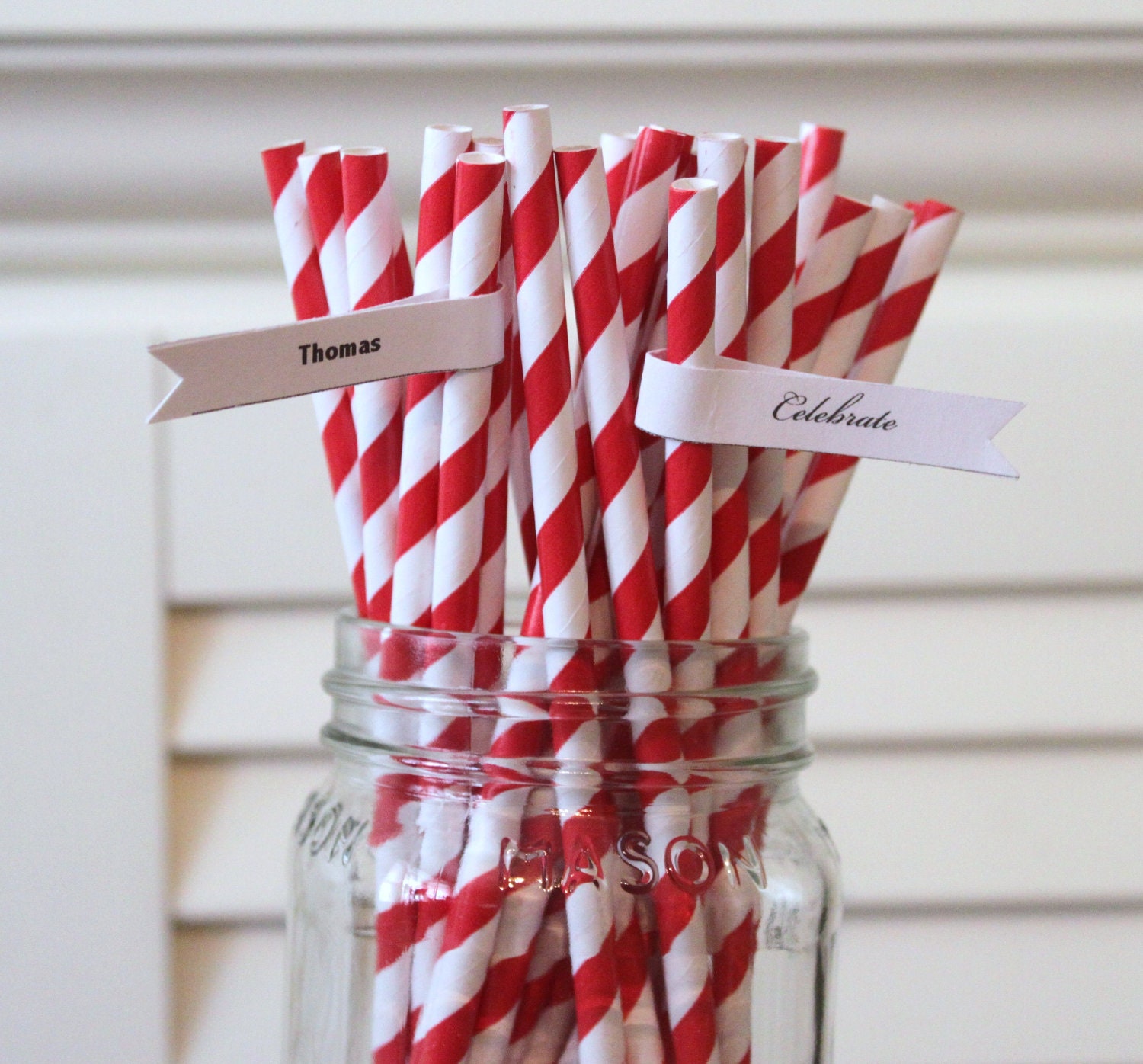 100 Red Paper Straws Striped Retro Vintage Style Carnival Kids Wedding Birthday Bridal Baby Shower W/ Printable Flags I Created BRIGHT RED Il_170x135
