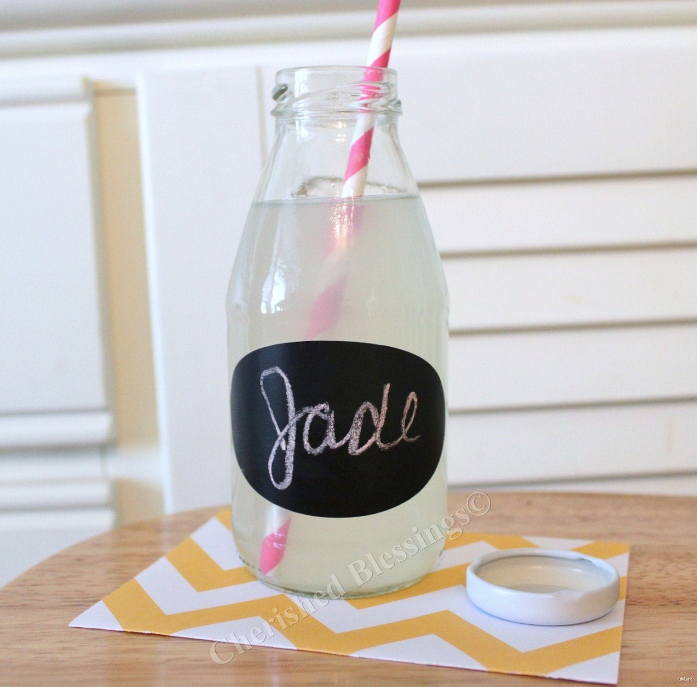 2 Milk Bottles Glass Kids Birthday Party Juice Bottle w/ Chalkboard Labels Table Setting Wedding Bridal Baby Shower 10 oz. w/ straw flags Il_170x135
