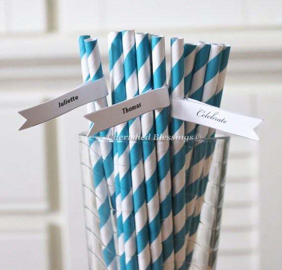 Paper Straws, 25 Teal Aqua Blue Striped Retro Vintage Carnival Circus Kids Wedding Birthday Bridal Baby Shower W/Printable Flags I created Il_570xn