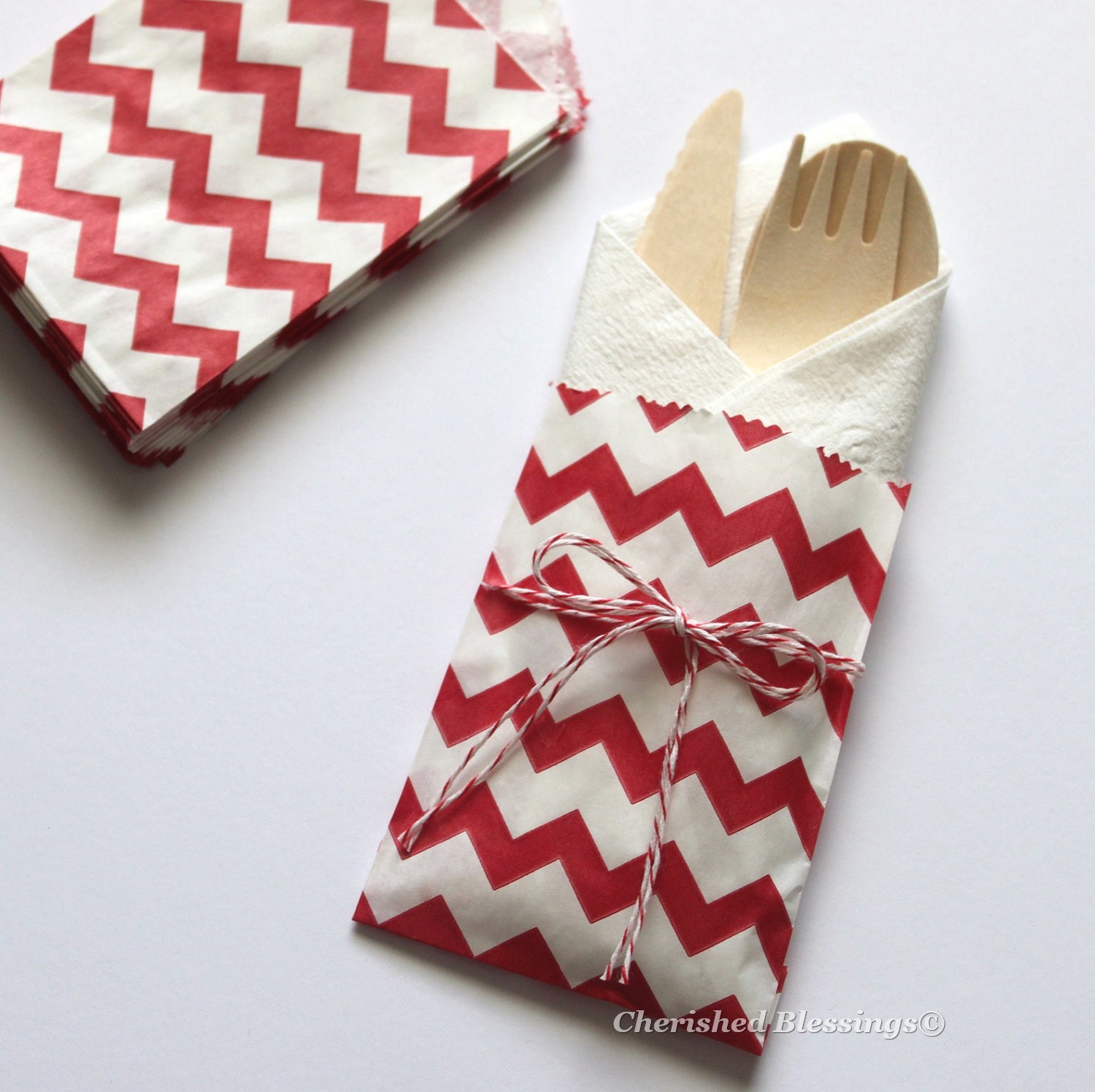 10 Silverware Bags Table Setting Valentines Day w/ Wooden Flatware Cutlery Red Chevron Wedding Birthday Party Baby Shower Favors Paper Goods Il_570xn