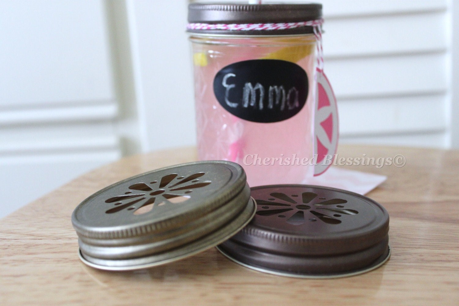 24 Daisy Cut Mason Jar Lids for Tumblers Cups Glasses Kids Birthday Wedding Table Setting Baby Shower Favors ANTIQUE GOLD w/ straw flags Il_570xn