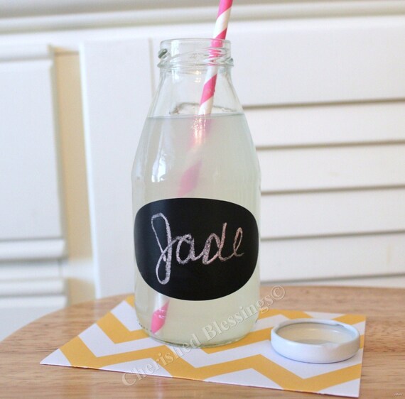 2 Milk Bottles Glass Kids Birthday Party Juice Bottle w/ Chalkboard Labels Table Setting  Wedding Bridal Baby Shower 10 oz. w/ straw flags