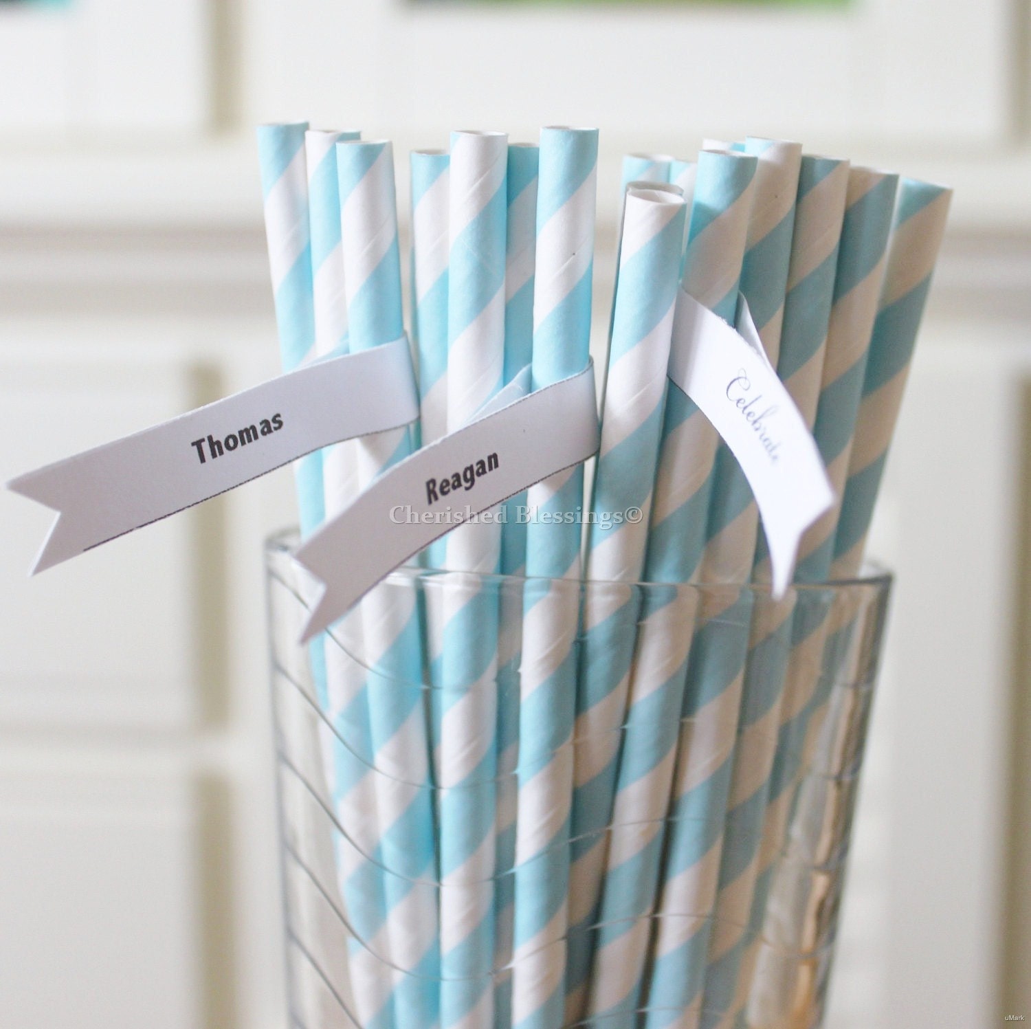 25 Blue Paper Straws Baby Light Stripe Retro Vintage Style Carnival Circus Wedding Birthday Bridal Baby Shower W/ Printable Flags I Created Il_570xn