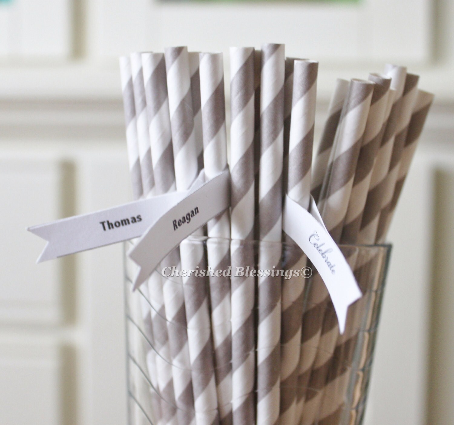 50 Gray Paper Straws Grey Striped Retro Vintage Style Carnival Circus Wedding Birthday Bridal Baby Shower W/ Printable Flags I Created