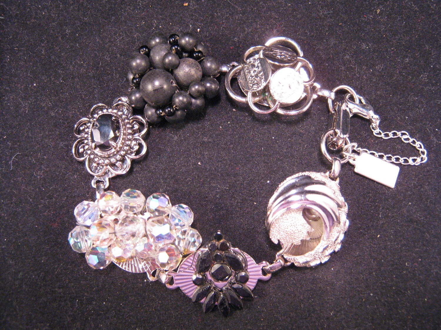 Vintage Earring Bracelet, Bridesmaid Gift, Black, Jet, Onyx, Aurora Borealis, Cluster Earrings, Sarah Coventry, Under 40 - Icy Crescent