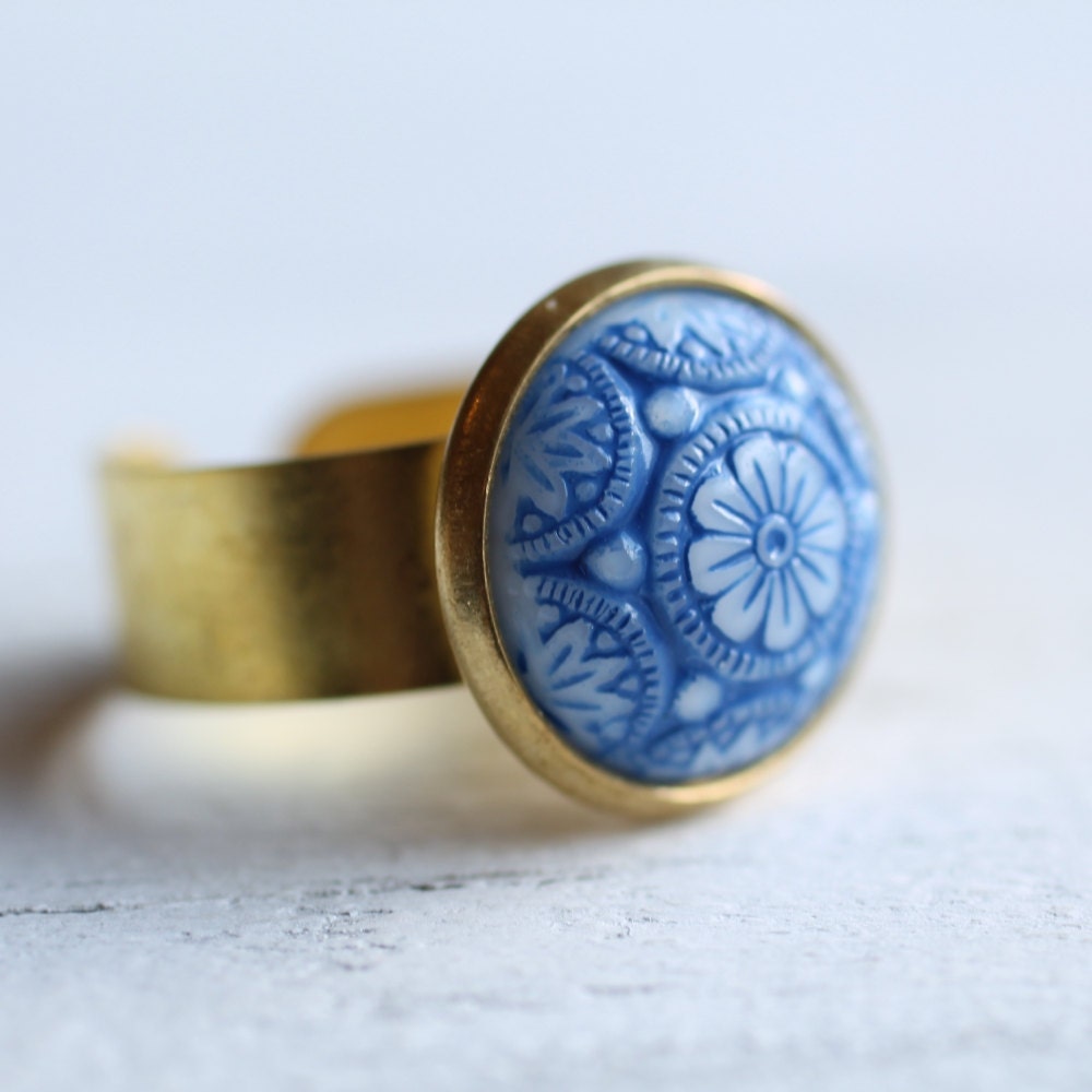 Moroccan Mosaic Ring .. Blue Glass with Gold