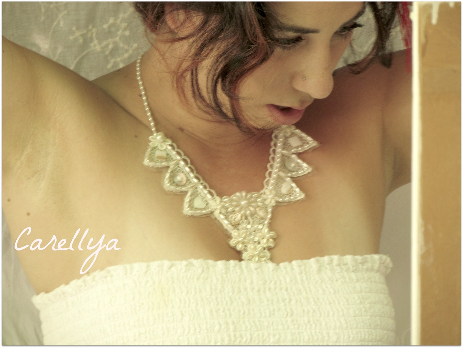 Vintage Style Beaded Necklace - Bridal Jewelry - Embriodered Lace Collar - INSPERATION