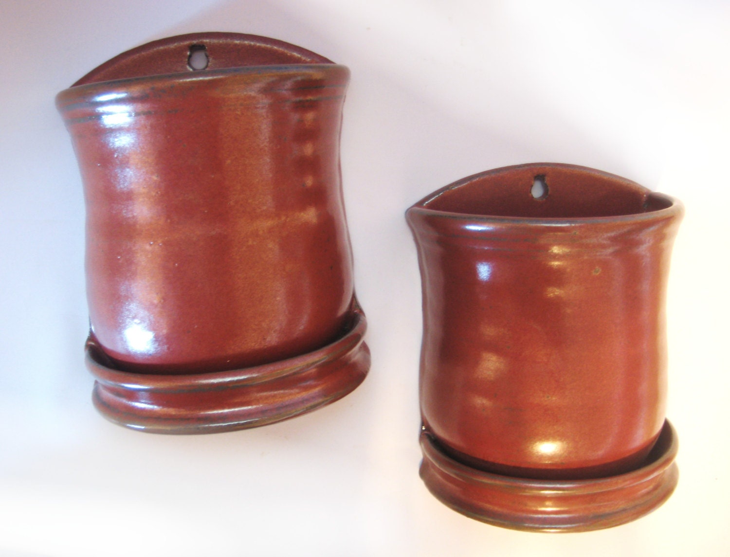 Wall Hanging Planter Pair - Handmade Pottery Rustic Rust Red Wall Decor Flower Pot Bouquet or Plant Holders