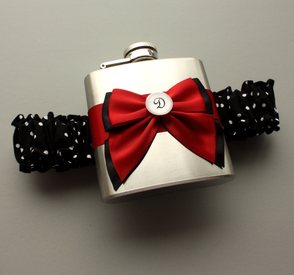 Personalized FLASK GARTER - Black & White Polka Dots with Red Bow (other colors available)