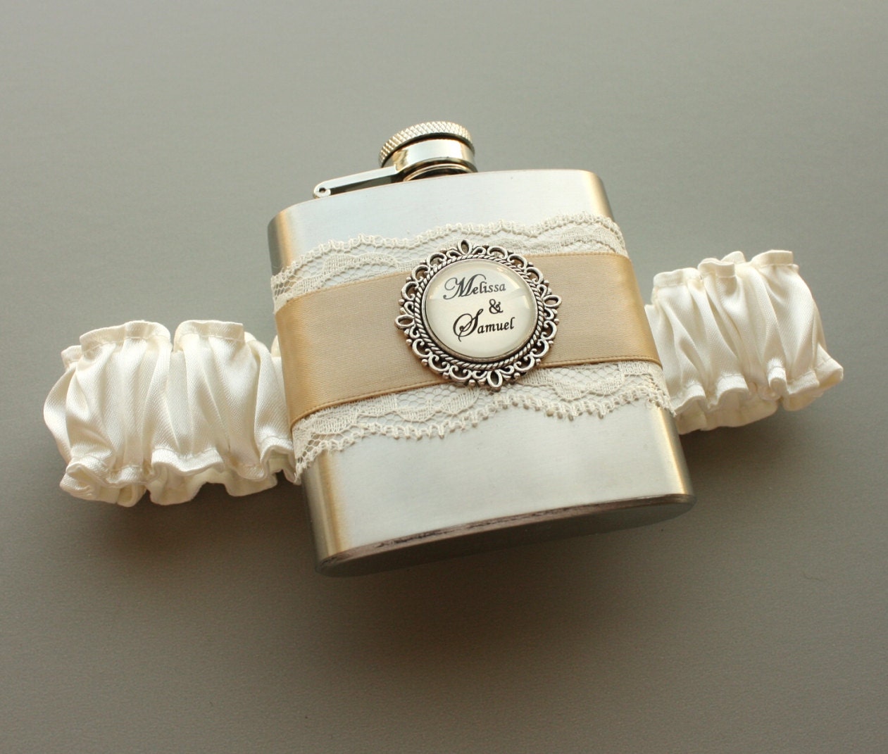 Personalized Satin & Lace FLASK GARTER -- Ivory and Champagne (Other Colors Available)