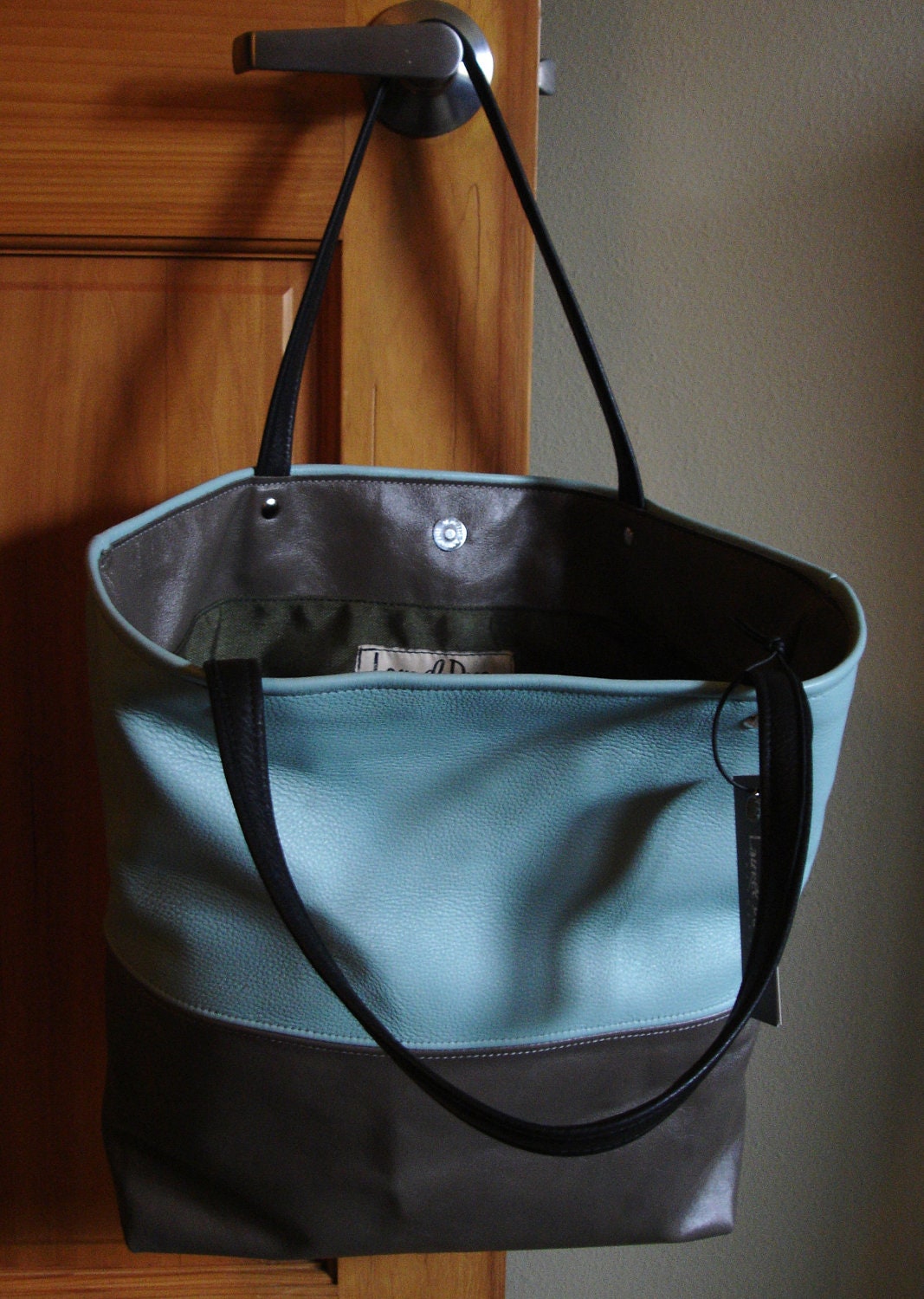 Limited Edition - Large Leather Tote Bag - The Seattle bag - Sky Blue and Wet Concrete Grey Gray