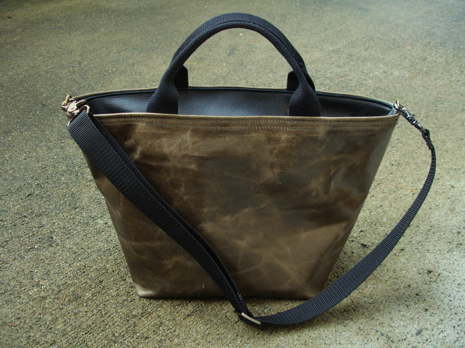 Distressed Olive green Leather Triangle Tote Bag Satchel with Black handles