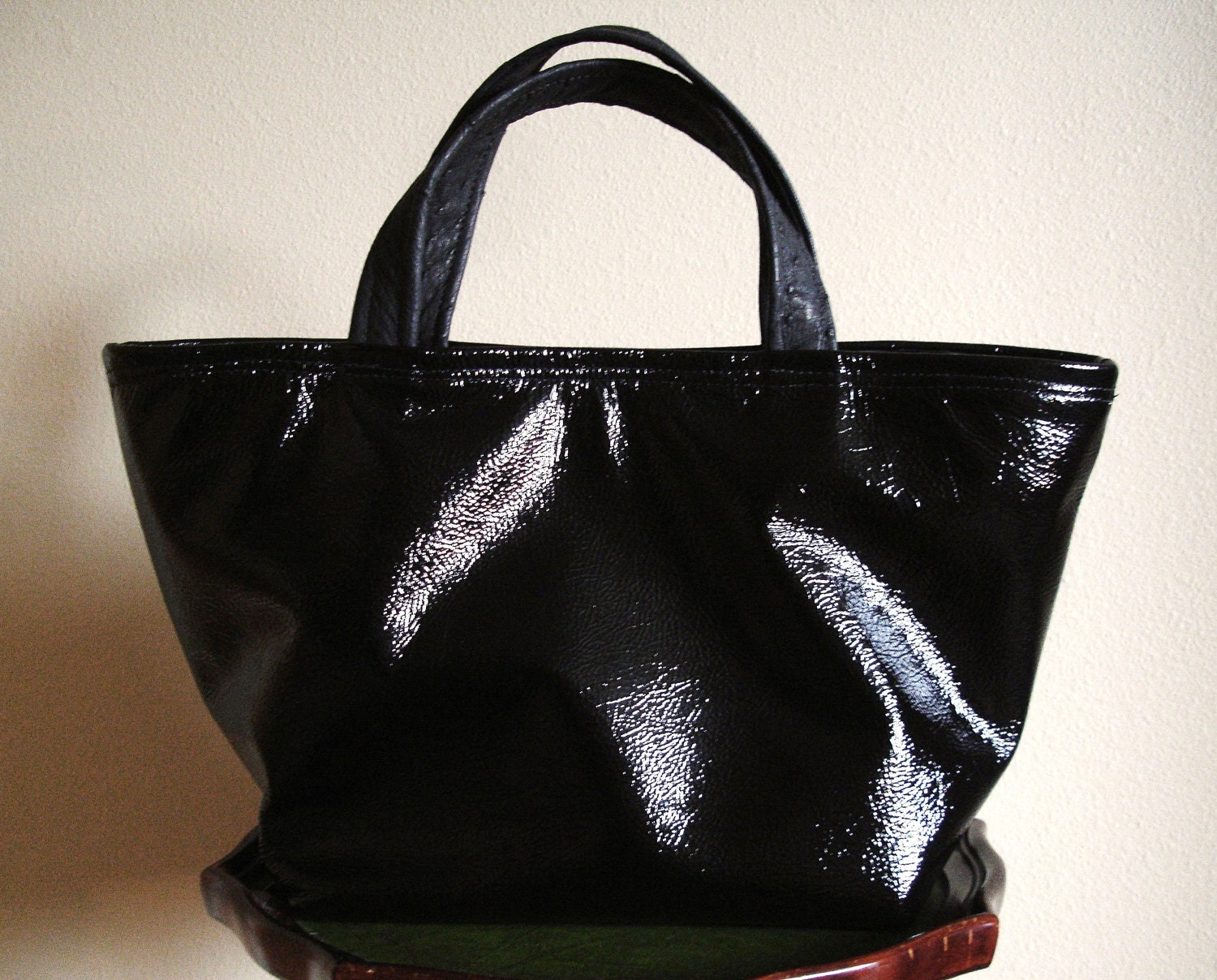 Limited Edition - Black Italian Patent Leather Triangle Tote Bag Satchel with Black Genuine Ostrich handles